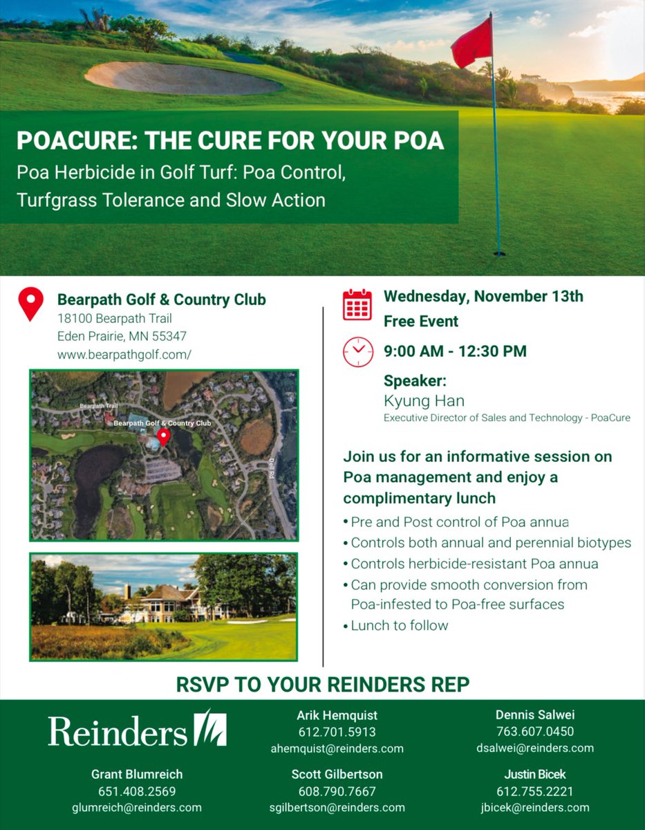 We’re in Minnesota this week! Join us this Wednesday (11/13) at Bearpath Golf &amp; CC to learn more about PoaCure and enjoy a complimentary lunch provided by <a href="/Reindersinc/">Reinders, Inc.</a> RSVP to your Reinders rep. #PoaCure