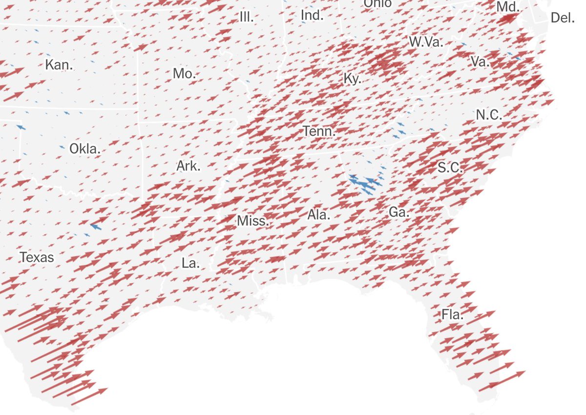 NateSilver538's tweet photo. Atlanta suburbs still blueing out, defying pretty much everywhere else.

I think part of this is a) lots of people are leaving blue cities/states b) the South is cheap &amp; has a lot of attractive qualities but c) liberal emigres don't want to move somewhere they see as too red. https://t.co/xagc2Gt7QR