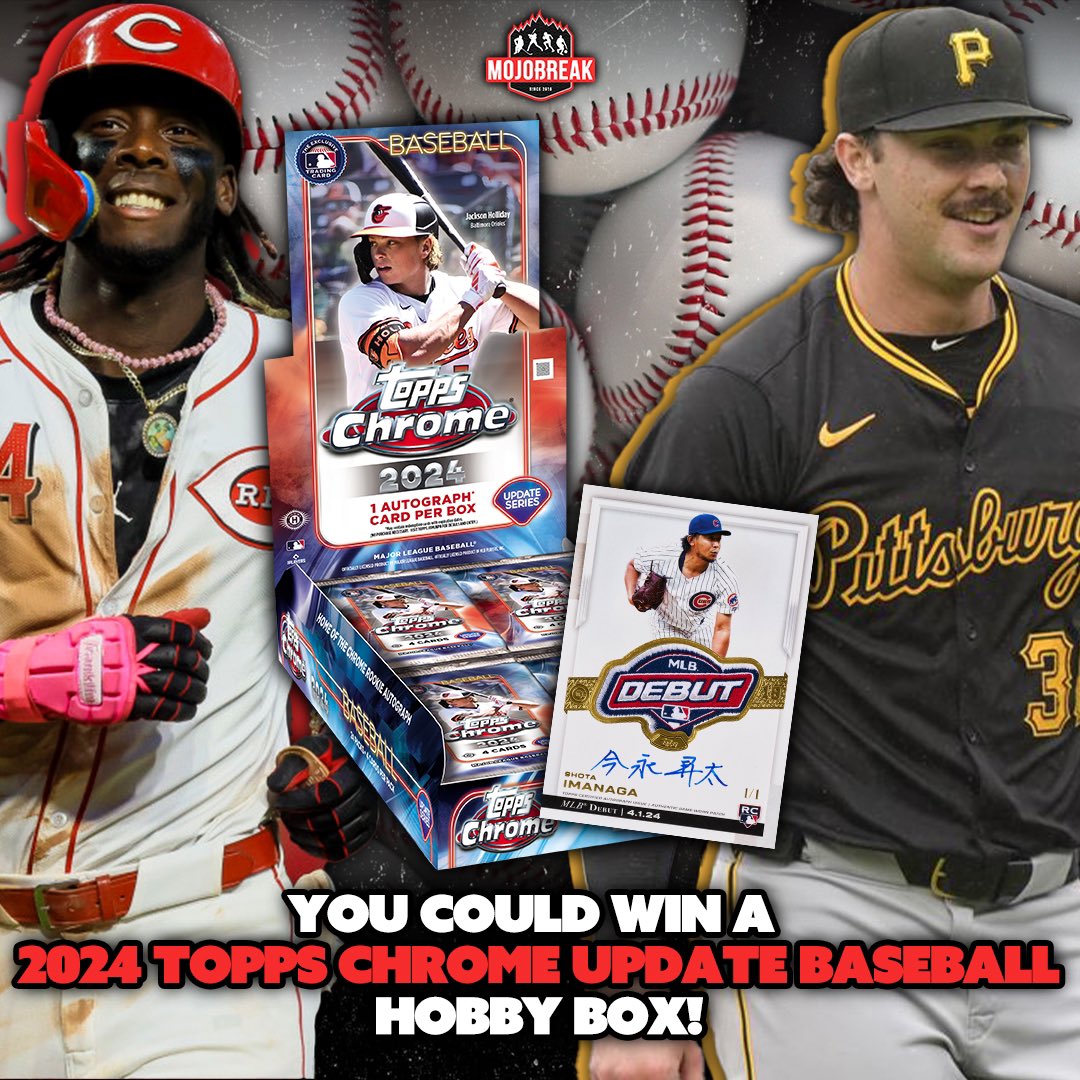 REPOST &amp; FOLLOW FOR A CHANCE WOT WIN A HOBBY BOX OF 2024 TOPPS CHROME UPDATE BASEBALL!

The chase for the biggest rookie cards of the year IS ON! This Wednesday we’re ripping brand new Topps Chrome Update Baseball and looking for MLB Debut cards of Paul Skenes, Elly De La Cruz