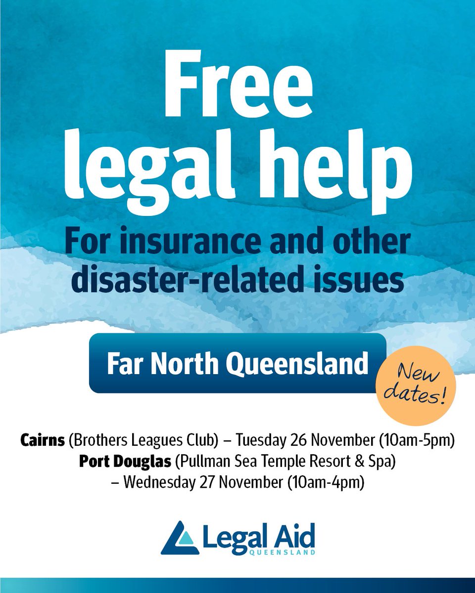 Did Cyclone Jasper leave cause insurance concerns or other legal issues? The Insurance Council of Australia is hosting events - see image. Get FREE legal advice from a lawyer. Call 1300 527 700 to make an appt or just turn up. 
#LegalAidQld #Disasterlegalhelp #insuranceissues
