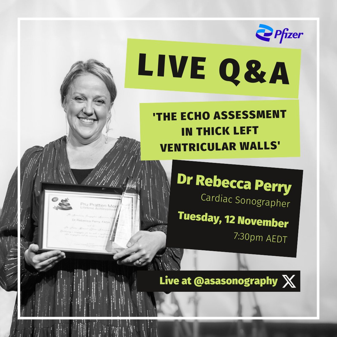ASA (@asasonography) on Twitter photo Join us tonight at 7:30 pm AEDT on X for a special LIVE session with cardiac sonographer Dr. Bec Perry, FASA, on "The Echo Assessment in Thick Left Ventricular Walls" This event is made possible by an independent educational grant funded by <a href="/Pfizer/">Pfizer Inc.</a>
#SupportingSonographers Join us tonight at 7:30 pm AEDT on X for a special LIVE session with cardiac sonographer Dr. Bec Perry, FASA, on "The Echo Assessment in Thick Left Ventricular Walls" This event is made possible by an independent educational grant funded by <a href="/Pfizer/">Pfizer Inc.</a>
#SupportingSonographers