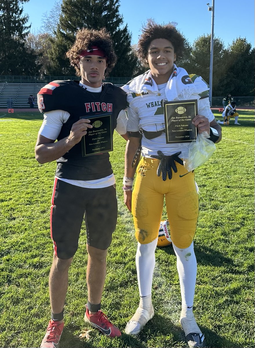 Congratulations to Porter Carter (L) of Fitch and Cayden Simonds-Gaskin (R)  of New London who were selected as Players of the Game on Saturday in honor of legendary New London football coach Jim Buonocore Sr.