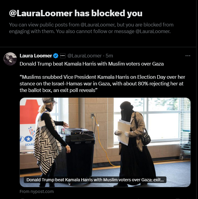 Just in, @LauraLommer has blocked me, I guess she didn't understand <a href="/elonmusk/">gorklon rust</a>'s new rules of allowing blocked people to be seen "The sky opens up &amp; the choir of angels sings"
Protest votes for MAGA just killed Palestinians &amp; Ukranians, I bet this is Loomer's wet dream.🤮
