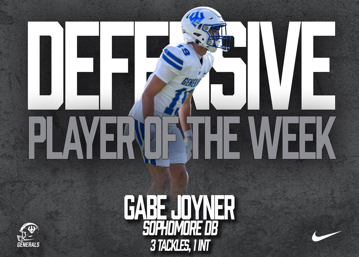 Generals_Fball's tweet photo. Players of the Week:

• Offensive: Ty Collins (Sophomore QB)
• Defensive: Gabe Joyner (Sophomore DB)
• Special Teams: Burke Cigelske (Junior RB)
• Look Team: Marcus Canton (First-Year RB), Connor Lehman (Senior DB)

#GoB16 #GWD https://t.co/Eytb0ltIe3