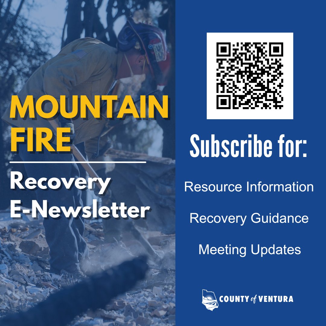 CountyVentura's tweet photo. 📢Subscribe to our Mountain Fire Recovery 
E-Newsletter to receive resource information, recovery guidance and updates on future meetings and location details. 👉Scan the QR code or visit: https://t.co/NfVBTzoOrW 
#mountainfire #venturacounty https://t.co/VllvDfymZQ
