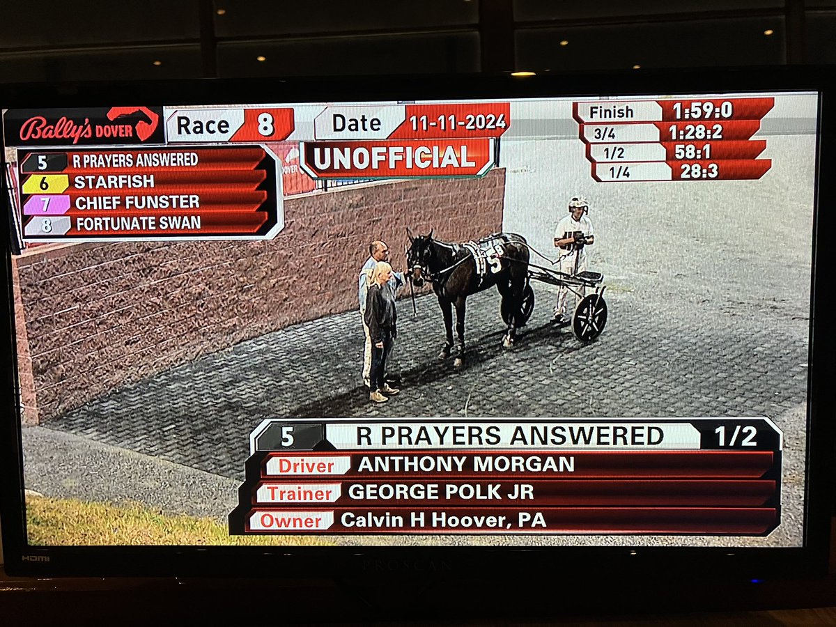 graybrigade's tweet photo. Reinsman Tony Morgan in the winners circle tonight at #DoverDowns with R Prayers Answered in Race 8 for win number 17,764. Only Dave Palone has more career winners than Morgan. #harnessracing https://t.co/2sHJYI4Czs