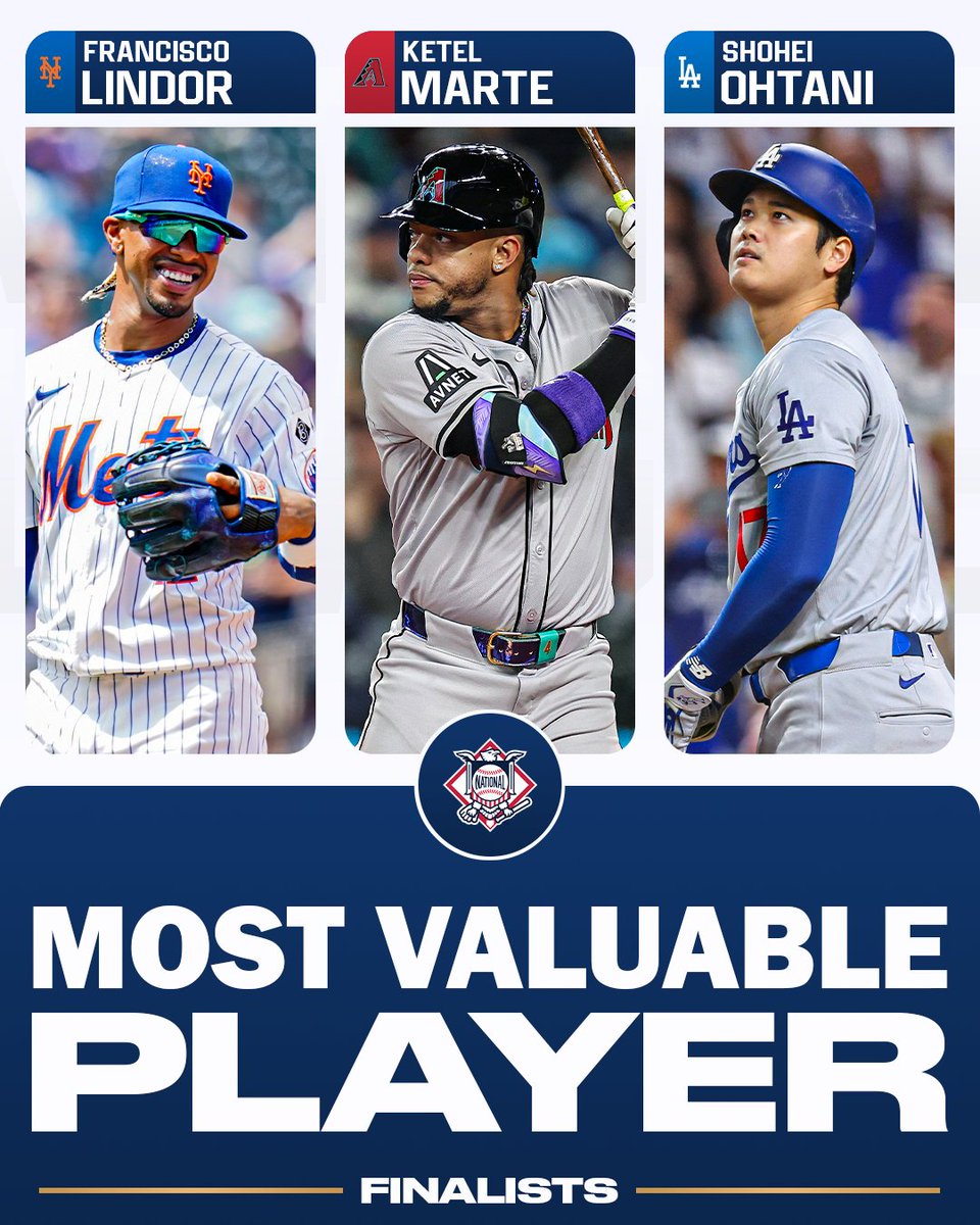 2024 NL Most Valuable Player Award finalists:

Francisco Lindor (NYM)
Ketel Marte (ARI)
Shohei Ohtani (LAD)