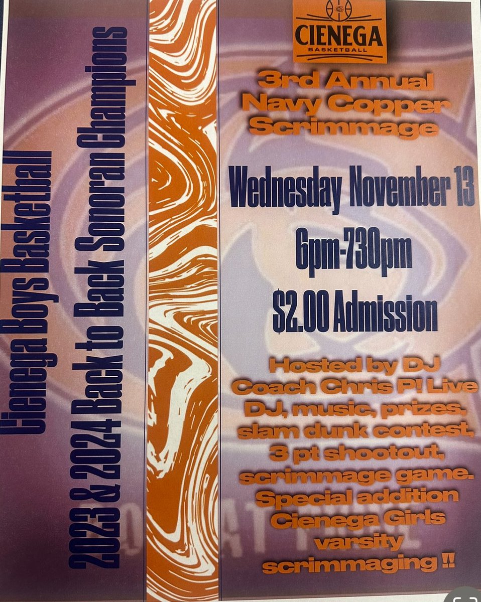 Bobcat Nation !!! Get ready this Wednesday night November 13th
6 pm !!! 
The 3rd Annual Cienega Basketball Navy Copper Scrimmage !!! $2.00 cash admission fee !!! Slam dunk contest, 3 pt shootout and games for the fans !!! Be there !!!