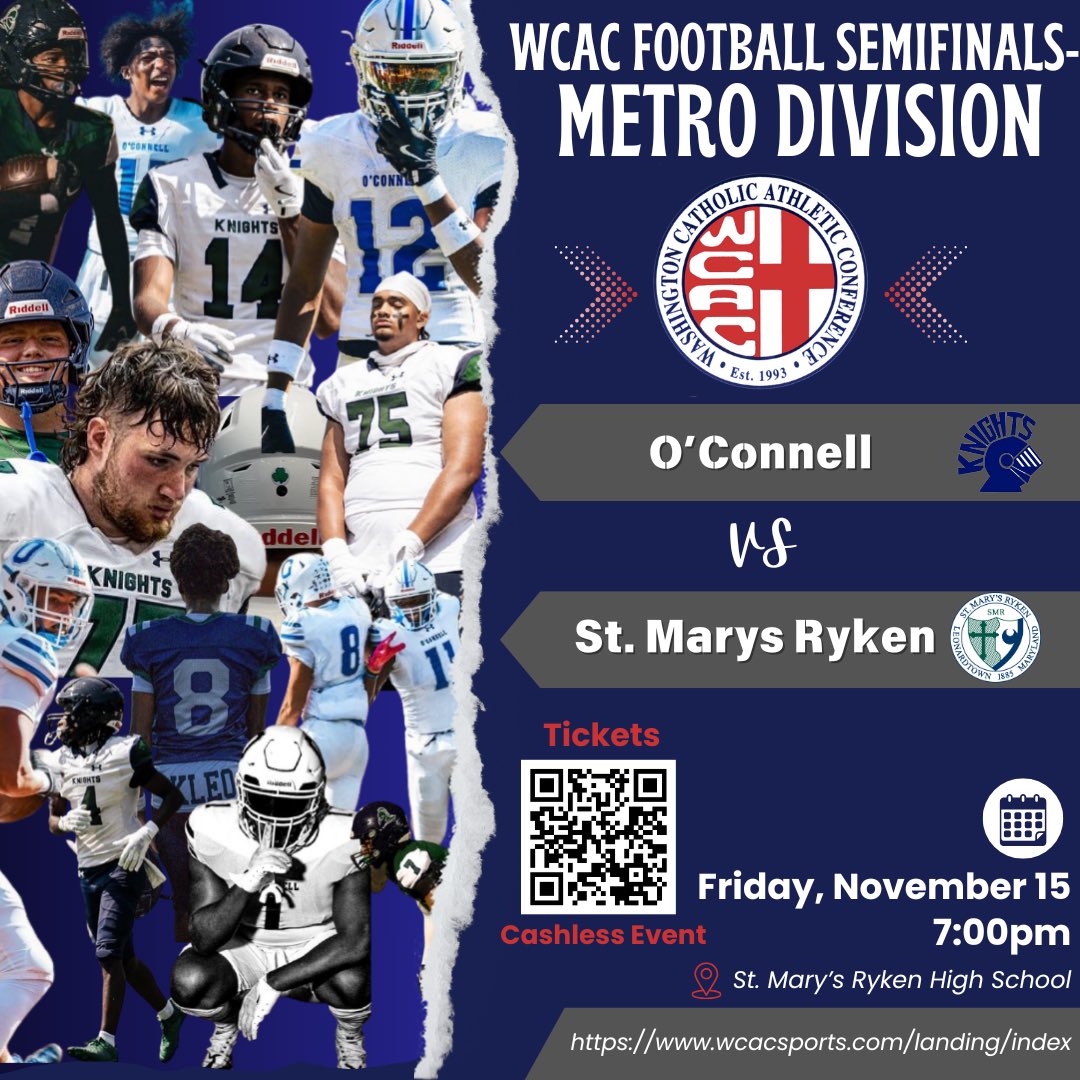 🏈 2024 WCAC Metro Division Playoffs 🏆

Join us this Friday, November 15th at 7:00 PM as Bishop O’Connell visits St. Mary’s Ryken for this first round playoff matchup! 

🎟️ Tickets are now available for purchase – don’t miss out on the action!

#WCAC