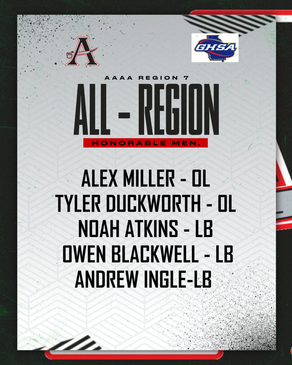Allatoona Football (@ahsbucsfootball) on Twitter photo Congratulations to our 2024 All Region Honorable Mentions!!! #EAT
Alex Miller @TyDuckworth52 <a href="/noahatkins312/">Noah atkins</a> <a href="/OwenBlackwell18/">Owen Blackwell</a> <a href="/Ingle_2026/">Andrew Ingle</a>
<a href="/allatoona_hs/">Allatoona High</a> <a href="/toona_athletics/">Allatoona Athletics</a> <a href="/CoachBrad_Smith/">Brad Smith</a> <a href="/RecruitGeorgia/">Recruit Georgia</a> <a href="/NEGARecruits/">Northeast Georgia Recruits</a> <a href="/NwGaFootball/">NwGa Football</a> <a href="/RustyMansell_/">Rusty Mansell</a> <a href="/CJacksonPRZ/">Connor Jackson</a> <a href="/GAVarsityRivals/">GaVarsity</a> Congratulations to our 2024 All Region Honorable Mentions!!! #EAT
Alex Miller @TyDuckworth52 <a href="/noahatkins312/">Noah atkins</a> <a href="/OwenBlackwell18/">Owen Blackwell</a> <a href="/Ingle_2026/">Andrew Ingle</a>
<a href="/allatoona_hs/">Allatoona High</a> <a href="/toona_athletics/">Allatoona Athletics</a> <a href="/CoachBrad_Smith/">Brad Smith</a> <a href="/RecruitGeorgia/">Recruit Georgia</a> <a href="/NEGARecruits/">Northeast Georgia Recruits</a> <a href="/NwGaFootball/">NwGa Football</a> <a href="/RustyMansell_/">Rusty Mansell</a> <a href="/CJacksonPRZ/">Connor Jackson</a> <a href="/GAVarsityRivals/">GaVarsity</a>
