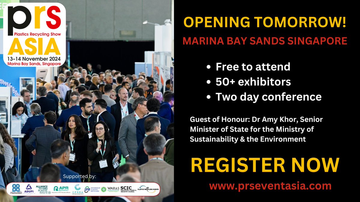 PRS_Asia's tweet photo. The first Plastics Recycling Show Asia opens tomorrow at Marina Bay Sands, Singapore! You can still Register for your free place at the exhibition &amp; conference: https://t.co/yZQTSi0TTo #PRSAsia2024 https://t.co/shyRBUQjSm