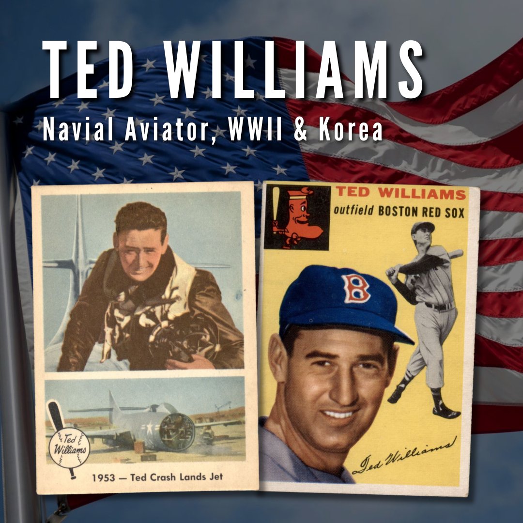 DeansCards's tweet photo. 🇺🇸 Veteran’s Day (Part 1 of 3) 🪖 We’re dedicating this week to sharing some of the incredible stories of athletes who served in the military. Thank you to all who served! 🙌

🎖️ Ted Williams 🎖️
Naval Aviator, WWII & Korea
Ted Williams cards: https://t.co/HxhmNFXzJT

The prime of Ted Williams’ legendary career was twice interrupted by military service. After winning the Triple Crown in 1942, Williams left to become a Naval Aviator in the U.S. Marine Corps. He turned down the offer to play baseball for troop entertainment and instead served as a flight instructor. Incredibly, when recalled to active duty in 1952 during the Korean War, he again declined an easy assignment. As a Captain in a Marine fighter squadron, Williams flew 39 combat missions in the F9F Panther. Proving himself as a top-tier pilot with incredible reflexes, coordination, and eyesight, Williams was talented enough to fly wingman for future astronaut John Glenn. He took severe enemy fire on two different occasions and survived a skillful crash landing. Williams returned to the Red Sox once again in 1953 and played until 1960.

🎖️ Chuck Bednarik 🎖️
B-24 Gunner, WWII
Chuck Bednarik cards: https://t.co/0catpVUbeh

Before his Hall of Fame football career began, Bednarik joined the 8th Air Force as a waist gunner on the famous B-24 Liberator bomber. He flew 30 combat missions over Germany, reached the rank of Staff Sergeant, and once barely survived a crash landing after his plane was shot to pieces. After the war, Bednarik played both center and linebacker at the University of Pennsylvania and for the Philadelphia Eagles from 1949-1962.

🎖️ Chuck Goggin 🎖️
Platoon Commander, Vietnam
Chuck Goggin cards: https://t.co/R3E9ZHTnqC

Goggin is the only man to play in the MLB after seeing combat in Vietnam, as he was drafted while still in the minors in 1966. Serving as a radio operator, Goggin took over as platoon commander in the middle of a battle after the commander, sergeant, and squad leader went down. Despite not being an officer, he remained a platoon commander and eventually won the Vietnam Cross of Gallantry, Bronze Star, and Purple Heart. Goggin returned to baseball in 1968 and saw limited playing time in the majors from 1972-1974. He’s featured on one card (1974 Topps), which is fairly popular due to his heroics.