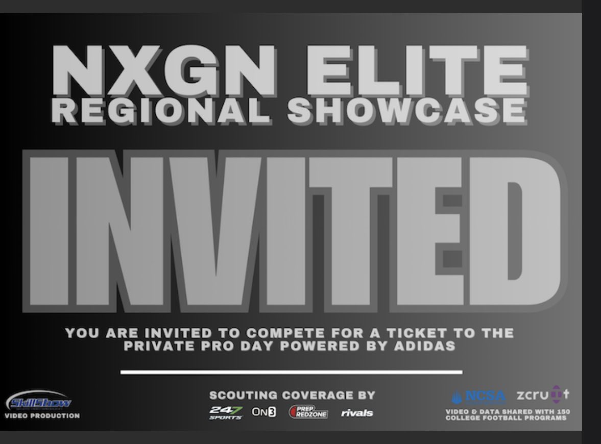 Thanks for the invite!!!  Looking forward to competing!!! 
@ncsa_sports
<a href="/nxgncamps/">NXGN Camps, Inc</a>
<a href="/adidasfballus/">adidas Football US</a>
<a href="/zcruit/">Time Travel</a>
<a href="/JRichterNCSA/">Coach Richter</a>
<a href="/realdbarker/">Derrick Barker</a> 
<a href="/NCSA_Football/">NCSA_Football</a>