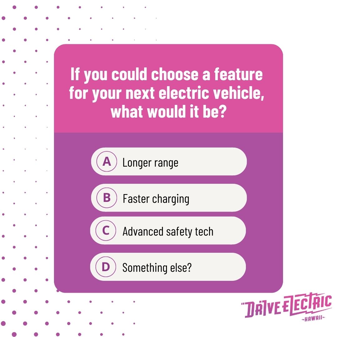 If you could choose a feature for your next EV, what would it be? 🚗⚡️

Comment below!

#ElectricVehicles #DriveElectricHawaii
