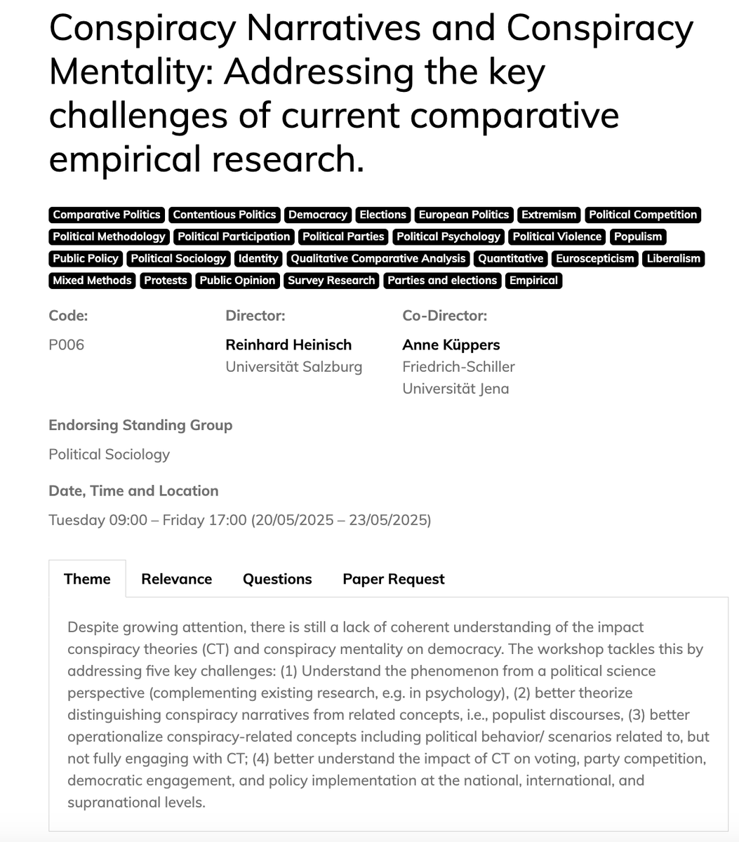 Anne Küppers (@akueppers.bsky.social) (@anne_kueppers) on Twitter photo 📬🚨APPLICATIONS CLOSING SOON Working on conspiracy theories and their relationship with populism, political behavior, or democracy? Join <a href="/reinhardheinis1/">reinhard heinisch</a> and me for our <a href="/ECPR/">European Consortium for Political Research</a> Joint Sessions workshop in Prague #ecprjs25
📆 Submission deadline Nov. 21st
👉ecpr.eu/Events/Event/W… 📬🚨APPLICATIONS CLOSING SOON Working on conspiracy theories and their relationship with populism, political behavior, or democracy? Join <a href="/reinhardheinis1/">reinhard heinisch</a> and me for our <a href="/ECPR/">European Consortium for Political Research</a> Joint Sessions workshop in Prague #ecprjs25
📆 Submission deadline Nov. 21st
👉ecpr.eu/Events/Event/W…