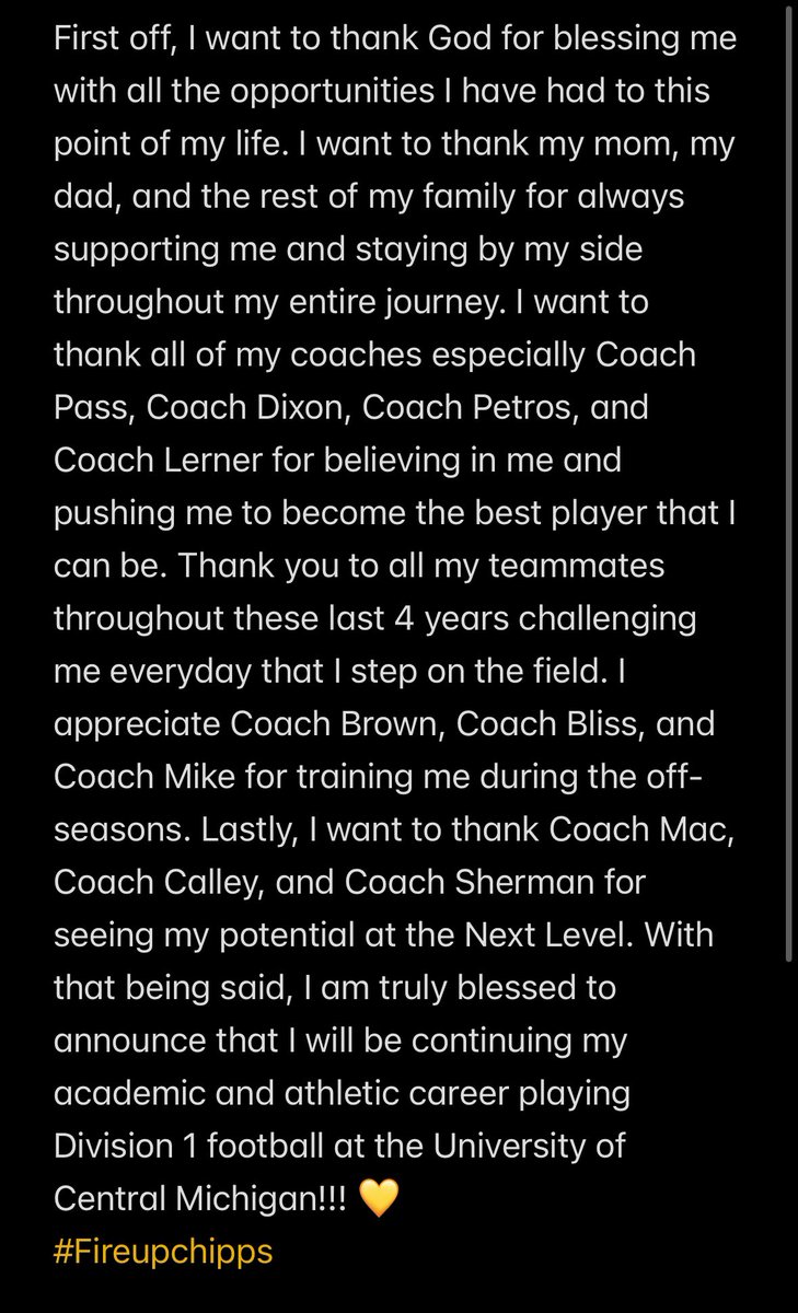 I’m truly blessed to announce my commitment to the University Of Central Michigan. #FireUpChips

 <a href="/CMU_Football/">Central Michigan Football</a> <a href="/CoachMcElwain/">Jim McElwain</a> <a href="/CoachCalley21/">Chris Calley</a> <a href="/BTSherman1/">B.T. Sherman</a> <a href="/DePaulPrepFB/">DePaulPrepFB</a> <a href="/coachpass23/">Michael Passarella</a> <a href="/KylePetros1/">Coach Petros</a> <a href="/CoachBrownAK/">AthleticKonnectionTraining</a> <a href="/AllenTrieu/">Allen Trieu</a> <a href="/OJW_Scouting/">PrepRedzone Oliver</a> <a href="/PrepRedzoneIL/">Prep Redzone Illinois</a> <a href="/EDGYTIM/">Timothy “EDGYTIM” OHalloran</a> <a href="/247recruiting/">247Sports Recruiting</a>