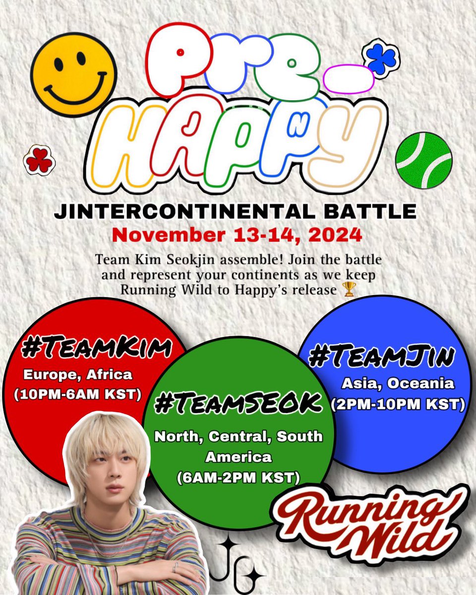 SeokjinGlobal's tweet photo. PRE-HAPPY JINTERCONTINENTAL BATTLE 

Team Kim Seokjin assemble! Join the “I’ll Be There” streaming battle while Running Wild to Happy’s release 🏆🔥

🔴 #TeamKim   - Europe, Africa 🌍
🟢 #TeamSeok - The Americas 🌎
🔵 #TeamJin      - Asia, Oceania 🌏

Stay tuned for each team’s dynamics! 🏃‍♀️