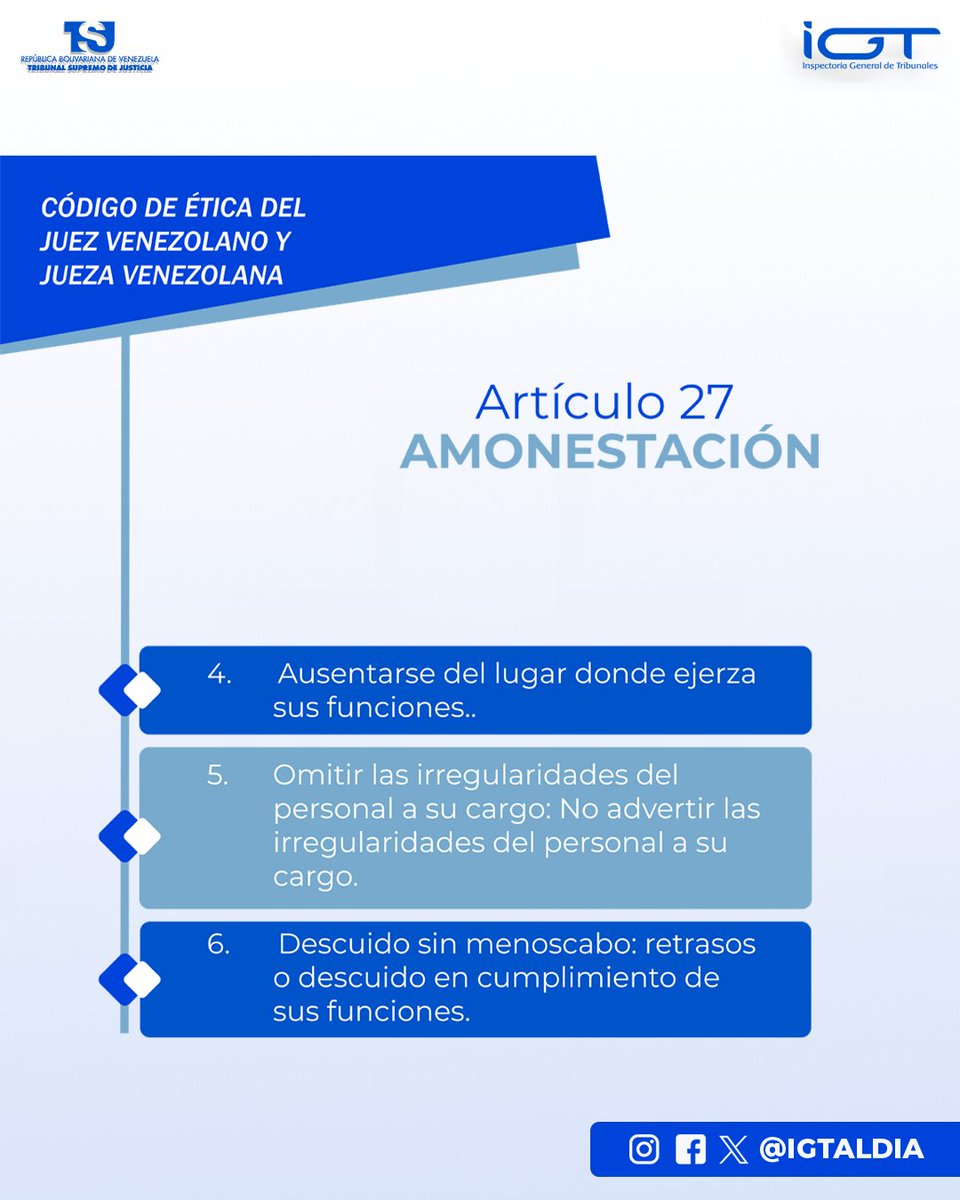 IGTaldia's tweet photo. Ilícitos disciplinarios de Amonestación, establecidos en el Código de Ética de la Jueza y el Juez venezolano:
#IGTAlDia⚖️
#ConoceLaLey⚖️🇻🇪 https://t.co/iWycaL4RNr