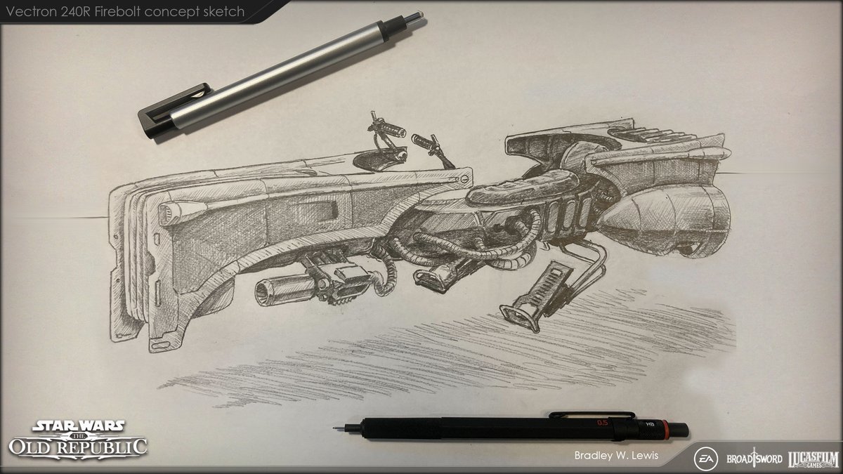 BradleyWLewis's tweet photo. As Art Director of SWTOR, sometimes I still get to do a full asset from start to finish. I started with a pencil sketch, then did model, texture and animation and VFX for this mechanical mount we needed for a promotional player acquisition campaign.
#SWTOR @SWTOR
