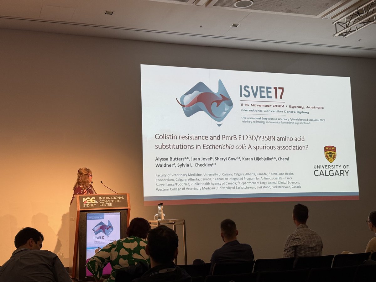 drwaseemshaukat's tweet photo. Dr. Sylvia Checkley @albertasilver from the ⁦@UCalgary⁩ ⁦@ucalgaryvetmed⁩ enlighten on “PMRB e123d/y358n amino acid substitution in E. coli: a spurious association with colistin resistance”. #isvee #isvee2024 https://t.co/4UjKvvx89q