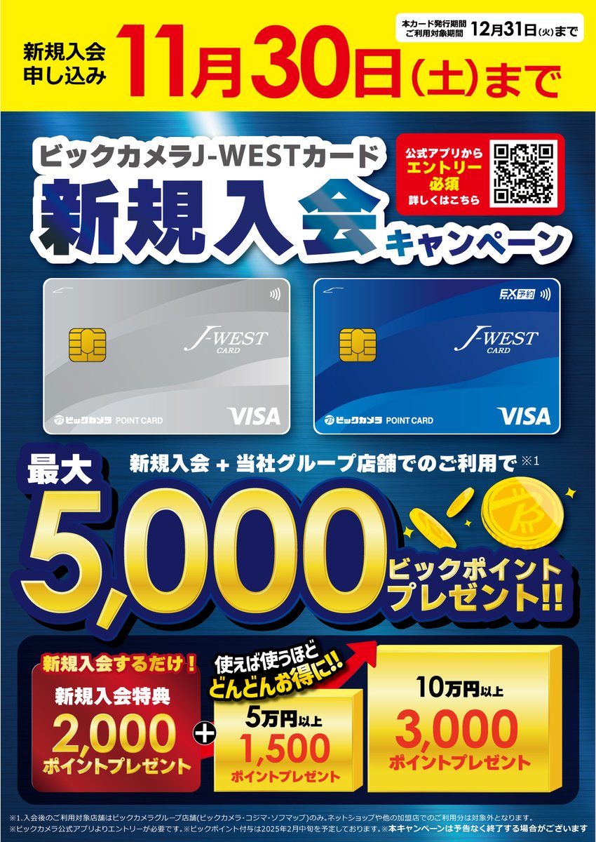 最大5,000ptもらえる🎁 #ビックカメラ J-WESTカード 入会キャンペーン実施中❗️ ＼ ビックカメラJ-WESTカードなら… ✓ ビックポイント最大1️⃣1️⃣％還元！ ✓同時に #WESTERポイント もたまる！ ✓ショッピング保険付帯 👇《ビックカメラで1番おトクなお支払い》  11/30 ...