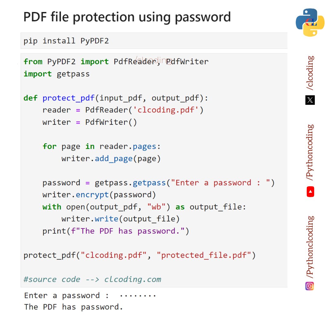 clcoding's tweet image. PDF file protection using password in Python