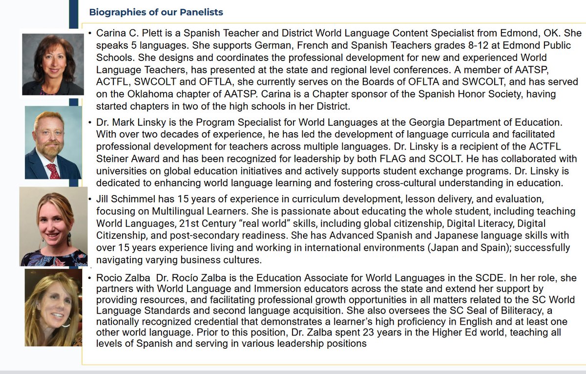 Join us <a href="/actfl/">ACTFL</a> for the Teacher Development SIG meeting tomorrow from 3- 4pm EST. Check out our panelists- we'll be discussing teacher retention, PD &amp; AI in PreK-16. All members of ACTFL invited, see discussion board for link- <a href="/ProfeBorden/">Rebecca Borden</a>