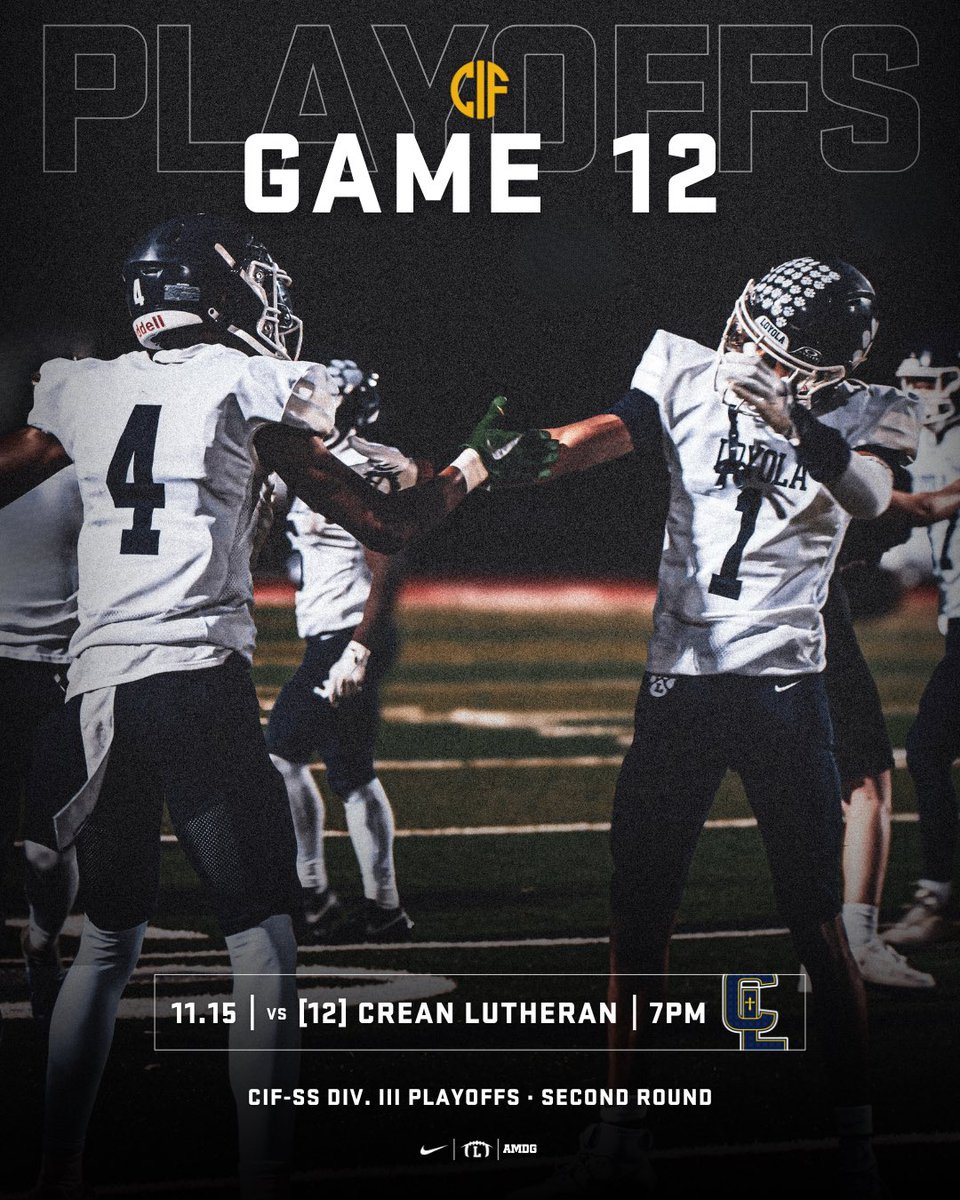 Hyped for some home playoff football 🤘

🆚 | [13] Loyola vs [12] Crean Lutheran
🏆 | CIF-SS Div. III Playoffs • 2nd Round
📆 | Fri, Nov. 15 • 7:00 PM
📍 | Smith Field • Loyola HS
🎟️ | gofan.co/event/2222709?…