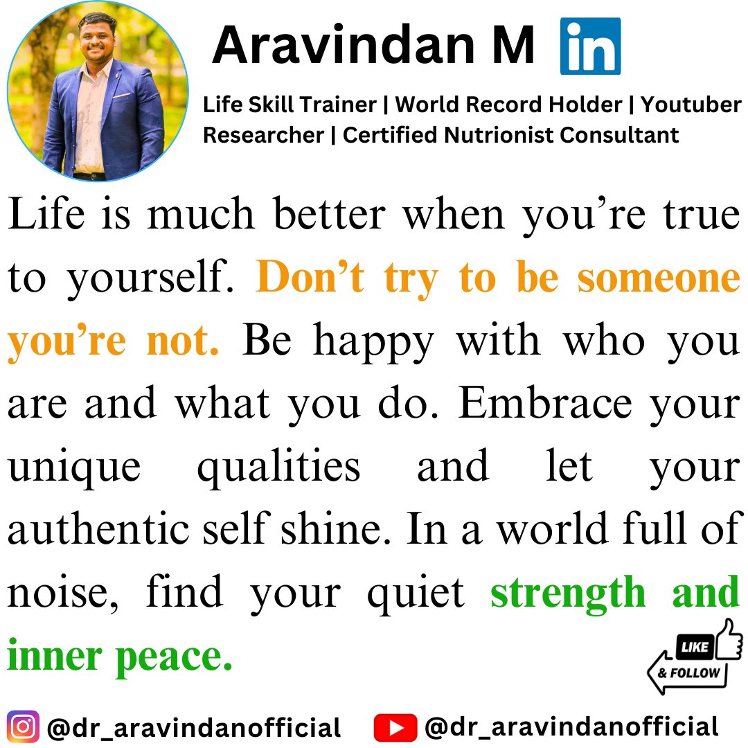 aravimechanizer's tweet photo. Day 46/365: Today's Theme:  Authenticity #aravimechanizeryoutubechannel #aravimechanizerquotes #draravindan #aravindanvitphdscholar #draravindanlifeskilltrainer #BeYourself #Authenticity #InnerPeace #Simplicity #SelfLove #PositiveVibes #Inspiration https://t.co/NOTjNIYndf