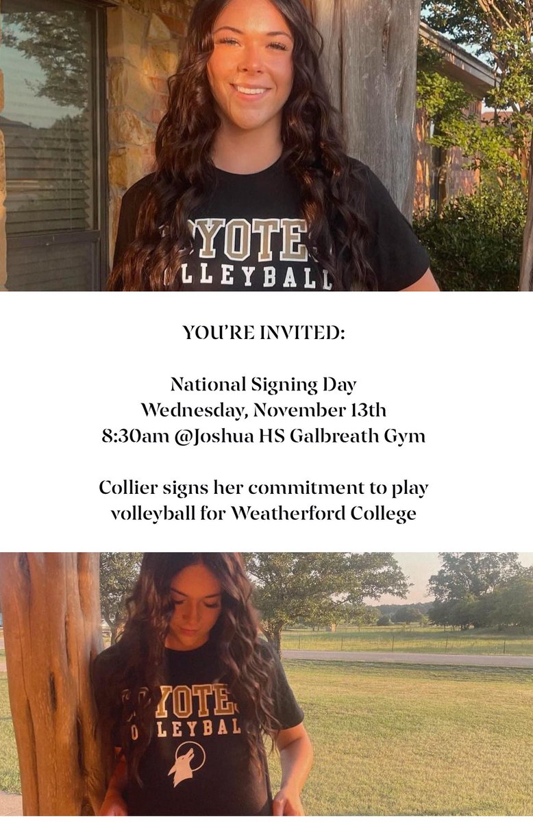 Morgan Collier (@morgancolliervb) on Twitter photo Wednesday I sign my commitment to play @ the next level! 7% of athletes get this privilege & I get to live out my dream <a href="/WeatherfordVB/">Weatherford Volleyball</a> w/<a href="/kaileemay/">Kailee May Carroll</a> <a href="/amccabevb2025/">Allyson McCabe</a> and so many more amazing teammates!
<a href="/JhsOwlsvball/">Joshua Volleyball</a> <a href="/GMsportsmedia1/">GM Sports Media</a> <a href="/Gosset41/">Brian Gosset</a> <a href="/CoachMikeDZ/">Michael DeLeon</a> <a href="/PDTexas/">Prep Dig Texas</a> <a href="/APVVolleyball/">Athletic Performance Volleyball</a> Wednesday I sign my commitment to play @ the next level! 7% of athletes get this privilege & I get to live out my dream <a href="/WeatherfordVB/">Weatherford Volleyball</a> w/<a href="/kaileemay/">Kailee May Carroll</a> <a href="/amccabevb2025/">Allyson McCabe</a> and so many more amazing teammates!
<a href="/JhsOwlsvball/">Joshua Volleyball</a> <a href="/GMsportsmedia1/">GM Sports Media</a> <a href="/Gosset41/">Brian Gosset</a> <a href="/CoachMikeDZ/">Michael DeLeon</a> <a href="/PDTexas/">Prep Dig Texas</a> <a href="/APVVolleyball/">Athletic Performance Volleyball</a>