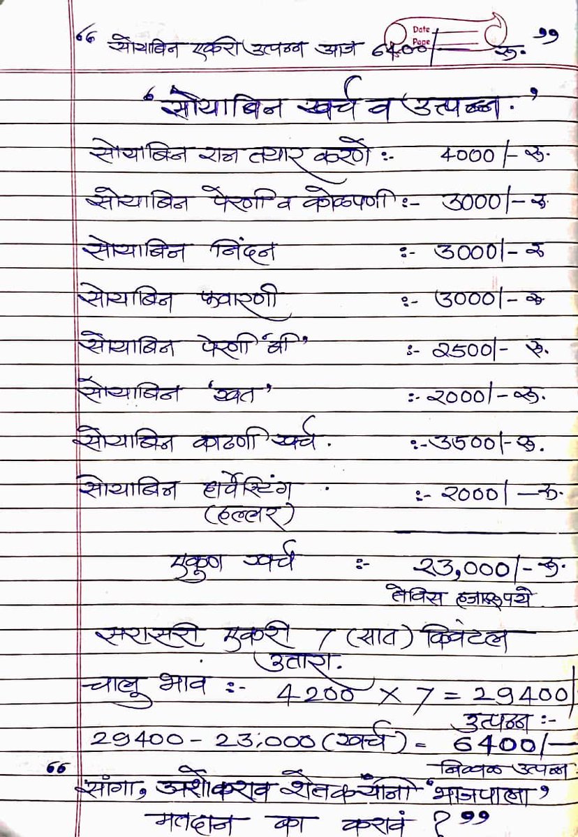 iambadasdanve's tweet photo. एका अज्ञात मात्र जाणत्या शेतकऱ्याने मला पाठवलेला हा सोयाबीनच्या खर्चाचा ताळमेळ. एकरी उत्पन्न फक्त ६४०० रुपये! महायुती कोणत्या तोंडाने शेतकऱ्यांना मतदान मागते मग? 
सोयाबीनचा २०१४ मध्ये जो भाव होता तो आजही जैसेथेच आहे, सगळ्याच गोष्टींचे भाव वाढले मग शेतकरीच मागे! 
उद्धव ठाकरे साहेबांच्या काळात हाच भाव १० हजार प्रति क्विंटलपर्यंत नेण्यात आले होते..

#MaharahstraElection2024
