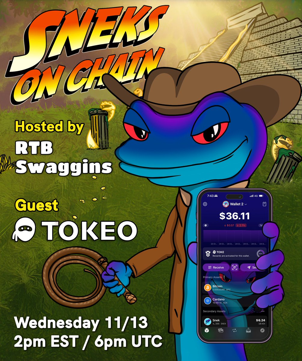 Hello everyone welcome to SneksOnChain #19! 

We have a special guest @tokeopay coming to join us Wednesday 2pm EST / 6pm UTC. We will discussing more in depth about their wallet + integrations. 

We will give be giving away 100 $ADA to 1 lucky winner 

✅Follow <a href="/SneksOnChain/">Sneks on Chain 🎙️</a> +