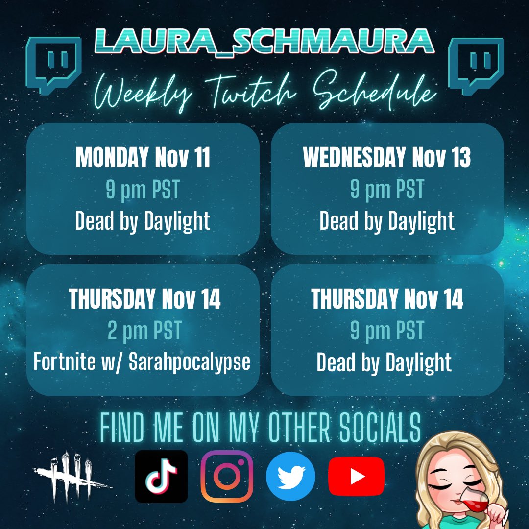 Schedule for the week is here! Three nights of DBD and a bonus afternoon Fortnite stream on Thursday with the one and only Sarahpocalypse!