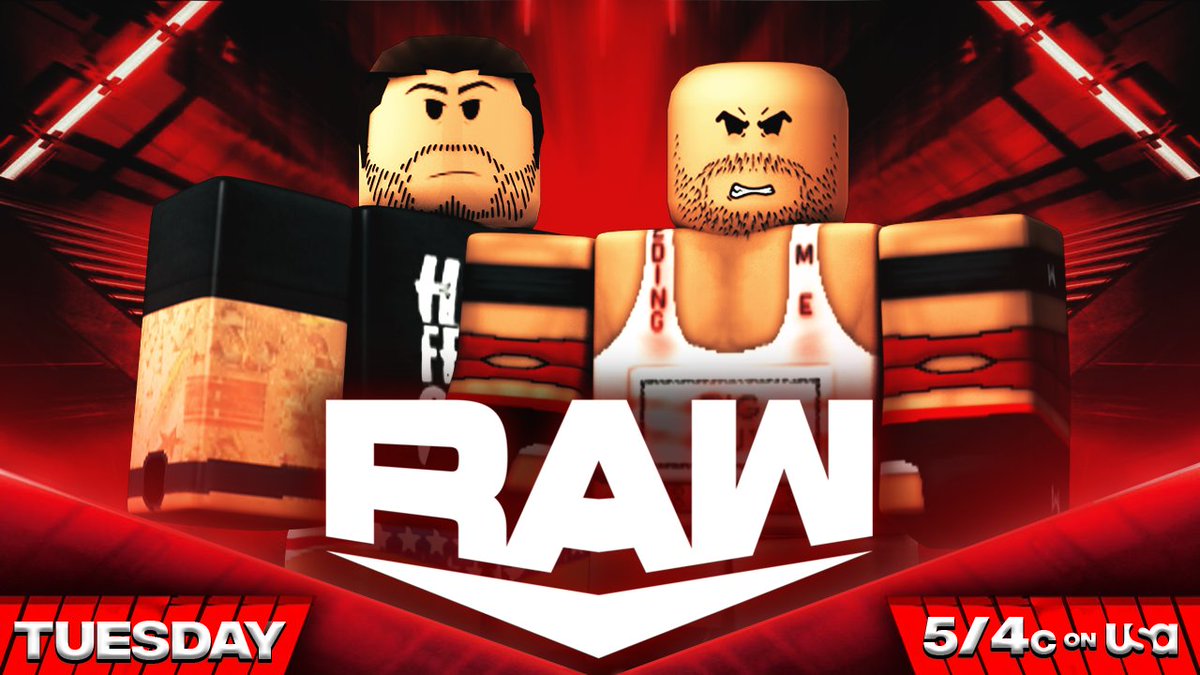 _WWERoblox's tweet photo. -TUESDAY on #WWERaw:

@F4DE_4 is set to find out his #NEXT Challenger 
-
@faintedthrone Returns to #WWE as he takes on @DrBartholmew 
-
@NoahAshfordRW goes one on one with #WideBack 
-
@Seann2xx VS @jaltojapan VS @nfxthegoat 

#WWERaw https://t.co/37GDFqx6NV