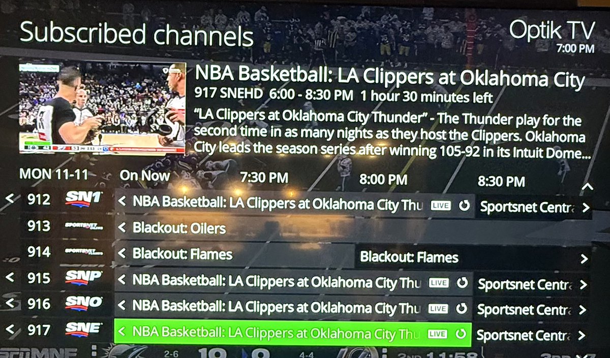 Big shoutout to <a href="/Sportsnet/">Sportsnet</a> and the <a href="/NHL/">NHL</a> for having 7 regional channels not showing the <a href="/calgaryflames/">calgaryflames</a> game and having every single channel on the LA Clippers and Oklahoma City Thunder basketball game.  Like anyone in Canada gives a shit.