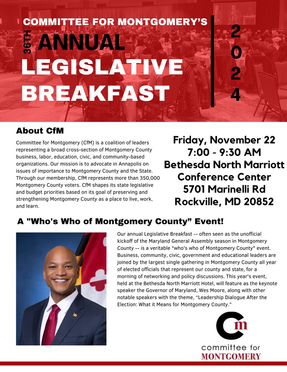 Join us for the Committee for Montgomery Legislative Breakfast with Gov. Wes Moore! He’ll share how the election results will shape the upcoming session and impact our community. Don’t miss it! #LegislativeBreakfast #MoCo #MDPolitics