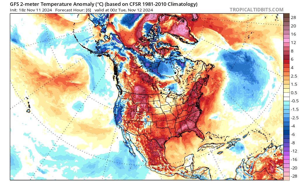 Fierce heat wave in Texas and Mexico.
97F at Faith Ranch Texas and record heat with insane temperatures at high elevations in Mexico like
33.3 Durango 1873m 
30.0 Sombrerete 2352m

Tomorrow the heat on the Mexican Plateau will increase and peak with more November records coming.