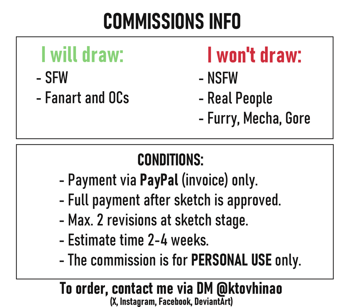 ✨COMMISSIONS are OPEN ✨
                    
Full Colour 
🔸Bust  $100usd  /  Halfbody $140usd

Simple Shading 
🔸Bust  $50usd /  Halfbody $70usd

⚠️Please come with a clear idea of what you want (pose and expression).

RTs are appreciated! 🥲