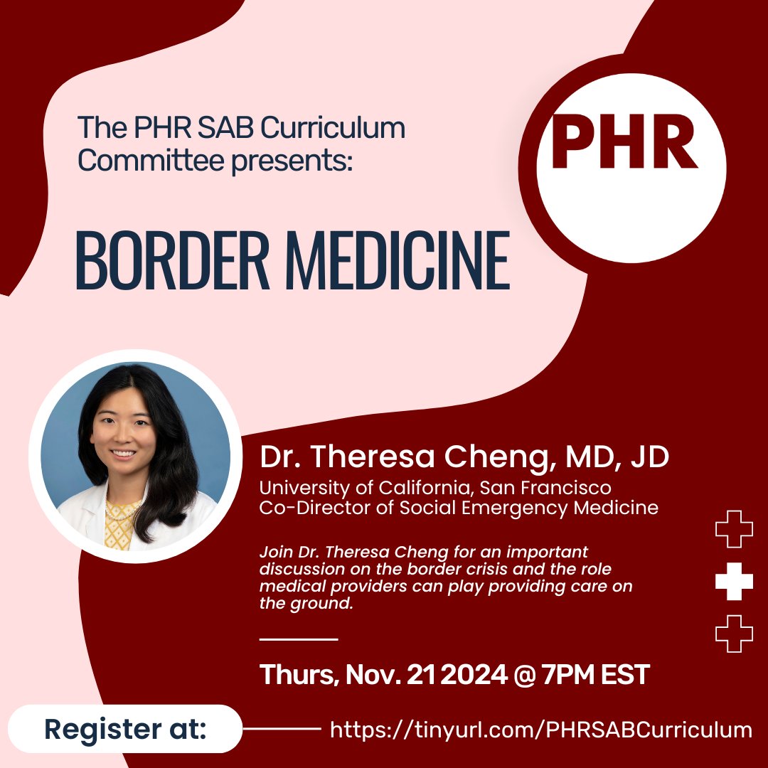 For our next Grand Rounds, we are excited to have Dr. Theresa Cheng join us for an important discussion on the border crisis and the role medical providers can play providing care on the ground.

Register via the link in our bio!

<a href="/P4HR/">Physicians for Human Rights</a>