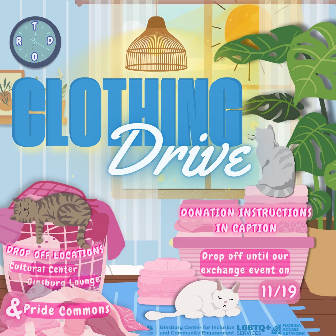 From 📣11/12 to 11/19📣, you can donate items to support our upcoming clothing exchange event.  We’re thrilled to collaborate with Florida Access Network! 
 LGBTQ+ Student Support Services is funded through Activity and Service Fees as allocated by Student Government.