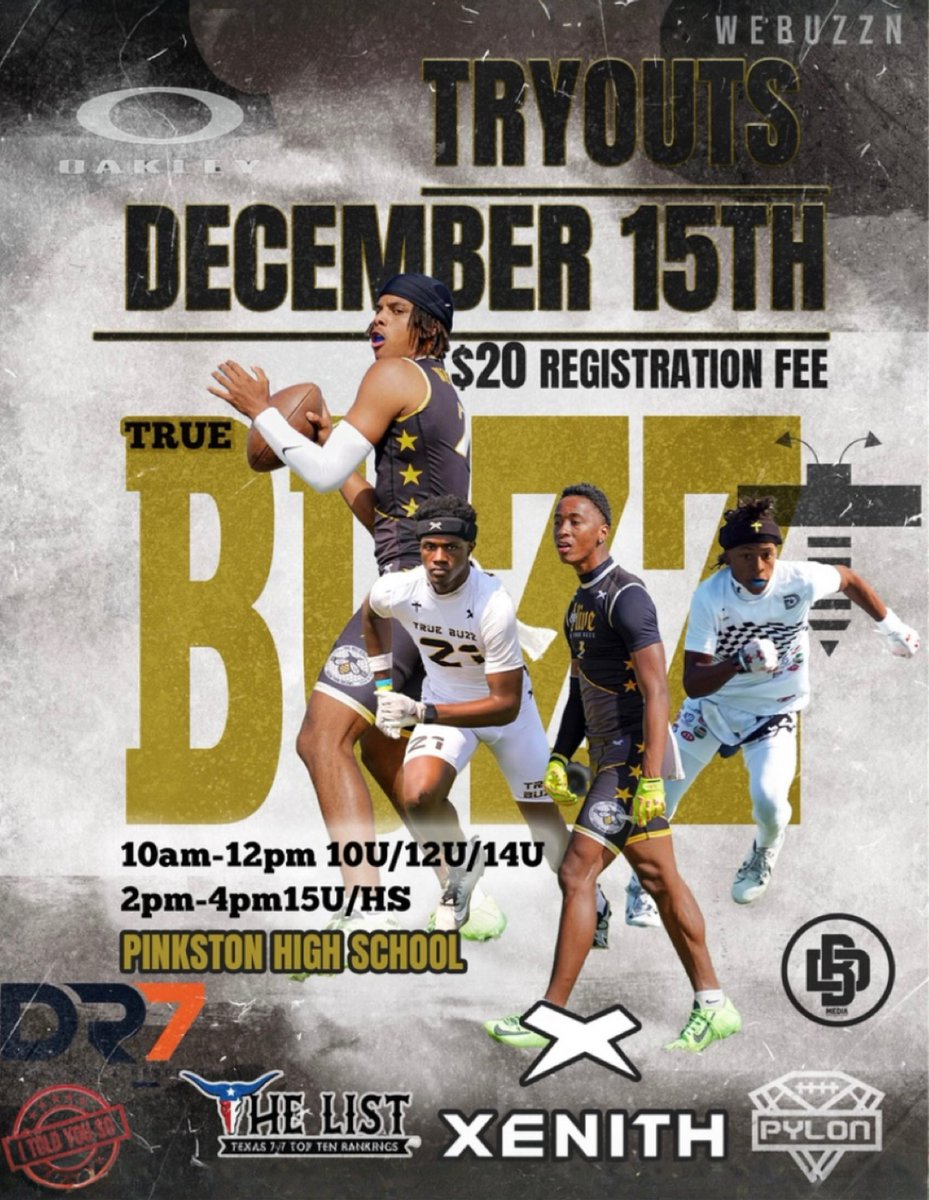 TrueBuzz Athletics Presents: ‘25 7v7 Tryouts!
📅 Date: December 15th
📍 Location: Pinkston High School

Divisions &amp; Times:
🏈 10U, 12U, 14U: 10am - 12pm
🏈 15U &amp; 18U: 2pm - 4pm

Don’t miss your chance to be part of the Buzz Gang 🐝

#WeBuzzn #TrueBuzzAthletics #BuzzGang #TrueBuzz