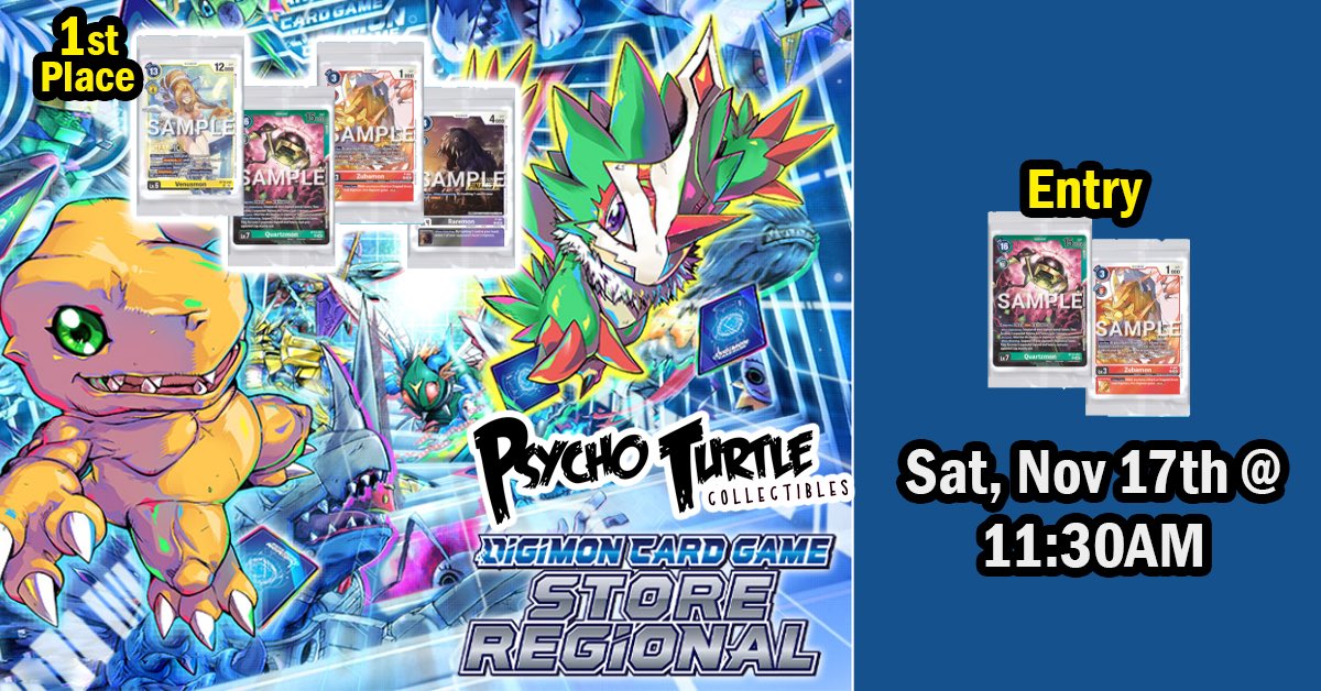 Hello Tamers, this is your reminder that Deck Submission will be done through TCG+ and be due on Satuday, Novbemer 16th @10PM. 
A minimum of two (2) rounds will be required to receive the participation for the event.
For any questions, you can email 
info@psychoturtlegames.com
