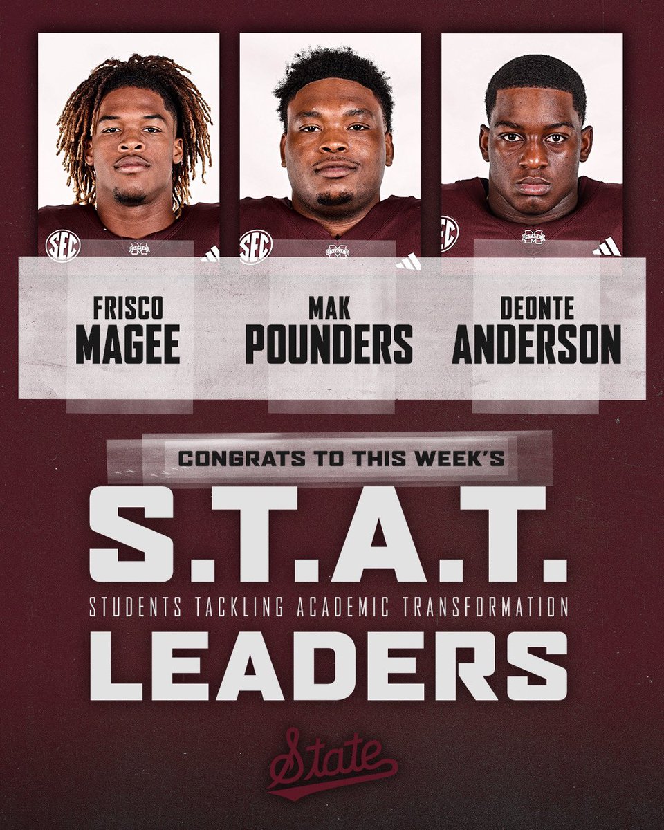 Mississippi State Football (@hailstatefb) on Twitter photo Congrats to this week’s <a href="/HailStateStudy/">MSU Athletic Academics</a> S.T.A.T. Leaders!
<a href="/frisco_magee/">@ffriscom._</a>
<a href="/MakylanPounders/">Mak Pounders</a>
<a href="/DeonteAnderso10/">Deonte Anderson</a>
#SHOWTIME | #HailState Congrats to this week’s <a href="/HailStateStudy/">MSU Athletic Academics</a> S.T.A.T. Leaders!
<a href="/frisco_magee/">@ffriscom._</a>
<a href="/MakylanPounders/">Mak Pounders</a>
<a href="/DeonteAnderso10/">Deonte Anderson</a>
#SHOWTIME | #HailState