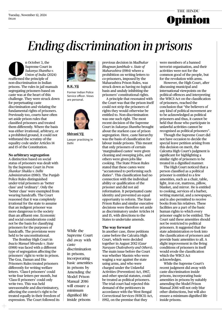 Ending discrimination by incorporating basic amenities  in prisons. Father -daughter article published in <a href="/the_hindu/">The Hindu</a> today! 
<a href="/shivani_vij/">Shivani Vij</a> ❤️