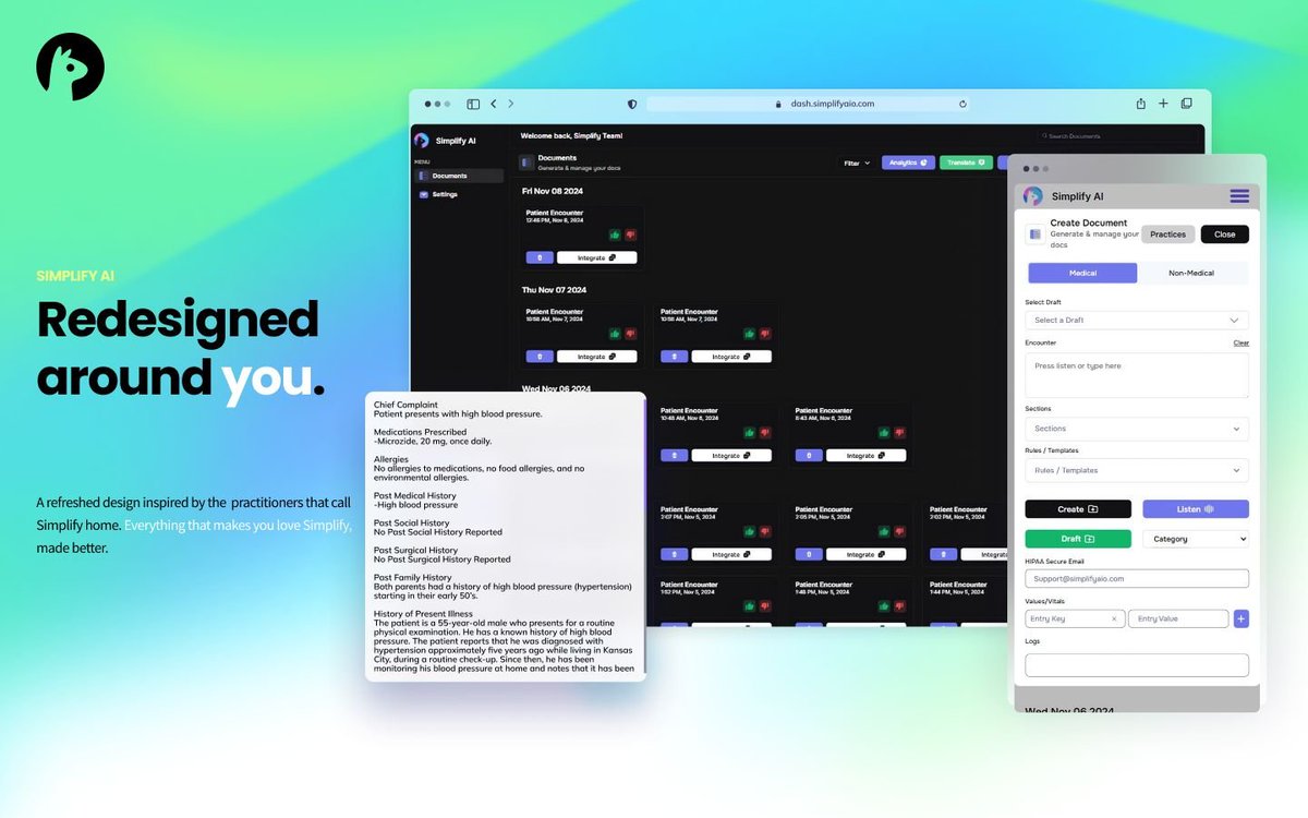 SimplifyAIO's tweet photo. Exciting news! We’re thrilled to unveil our newly redesigned dashboard at https://t.co/gbs0NW8JUF. At Simplify, we are dedicated to enhancing the experience for the pratitoners that call us home. Our latest update reflects our commitment to innovation, accessibility, and providing user-centric solutions. Explore the fresh look and discover how we continue to simplify medical documentation.