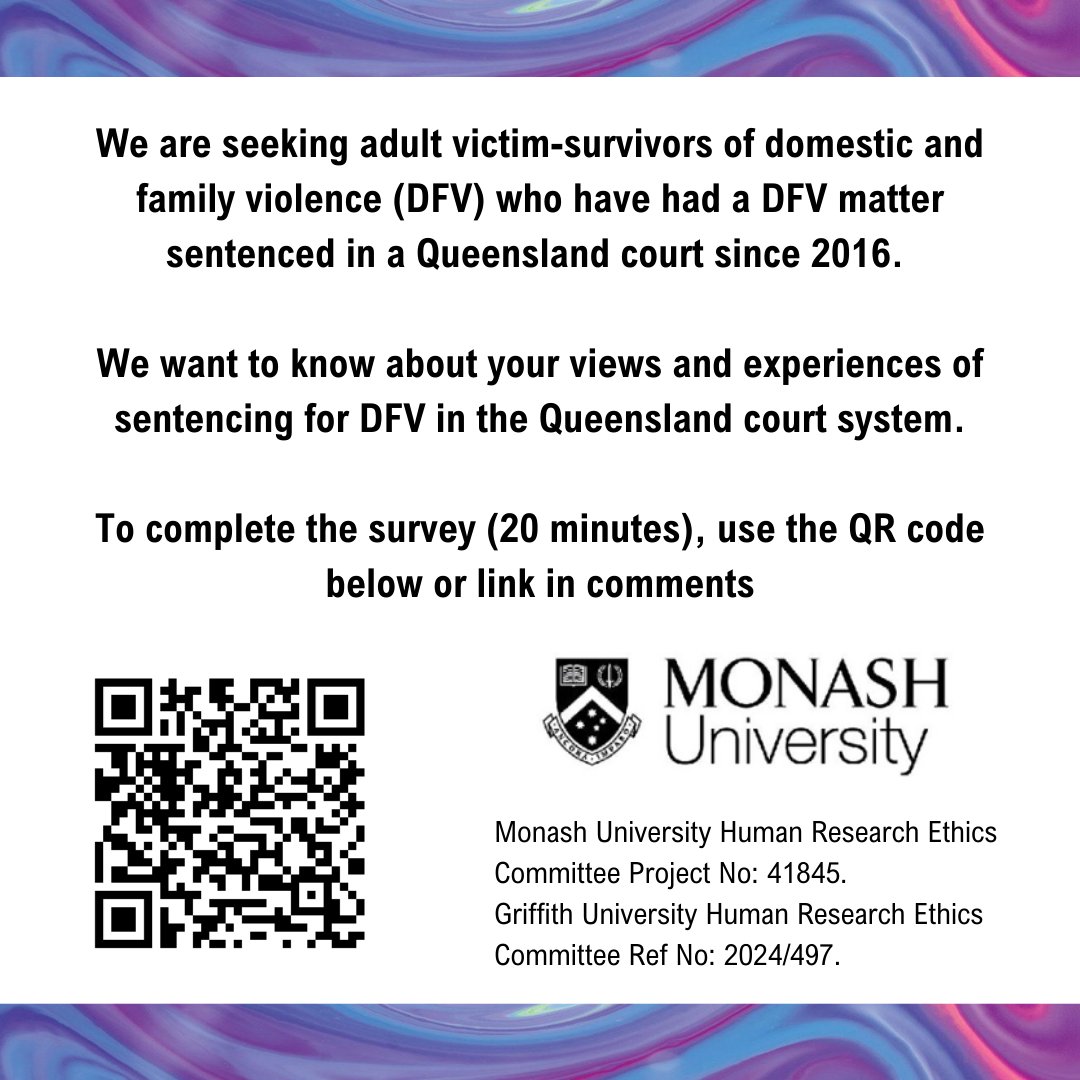 Dr Jasmine McGowan (@jasminelmcgowan) on Twitter photo If you have had a DFV matter sentenced in a QLD court since 2016 please consider completing this anonymous, online survey and/or being interviewed to tell us about your experience. More info, pls email jasmine.mcgowan@monash.edu bit.ly/3ZcpPlv If you have had a DFV matter sentenced in a QLD court since 2016 please consider completing this anonymous, online survey and/or being interviewed to tell us about your experience. More info, pls email jasmine.mcgowan@monash.edu bit.ly/3ZcpPlv