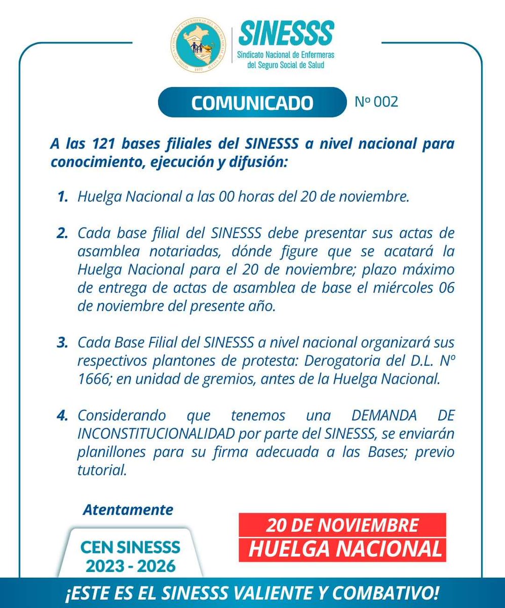 SinesssPeru's tweet photo. Comunicado | Nº 002
A las 121 bases filiales del SINESSS a nivel nacional para conocimiento, ejecución y difusión.
#SINESSS https://t.co/6Lm99y2sMa
