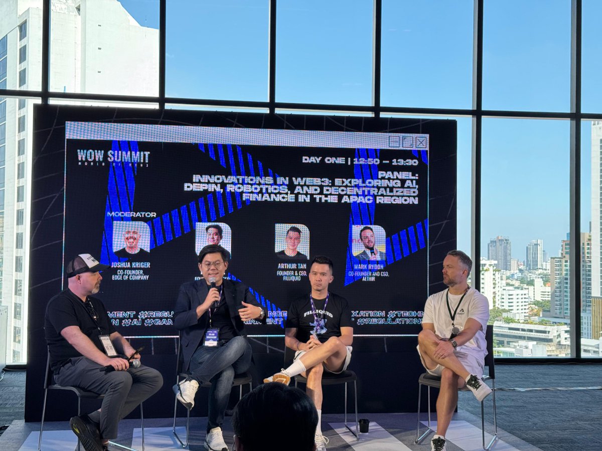 TheEdgeofShow's tweet photo. 🚀 Coming at you live from Devcon!
Joshua Kriger from Edge of NFT is on stage at @WOWSummitWorld in Bangkok discussing NFTs and Web3, along side.

With @wpirunruk WOW Robot @arthurtankl @FILLiquid @mrrydon Aethir.

🌐 #Web3 #NFT #WOW2024 #EdgeOfNFT #BangkokSummit https://t.co/TlOH4nreVC