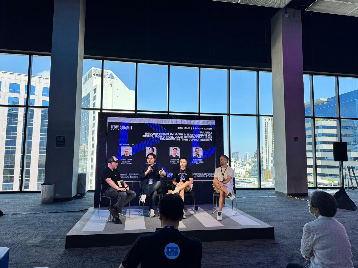 Edgeof_AI's tweet photo. 🚀 Coming at you live from Devcon!
Joshua Kriger from Edge of NFT is on stage at @WOWSummitWorld in Bangkok discussing NFTs and Web3, along side.

With @wpirunruk WOW Robot @arthurtankl @FILLiquid @mrrydon Aethir.

🌐 #Web3 #NFT #WOW2024 #EdgeOfNFT #BangkokSummit https://t.co/b8YEVBhXRq