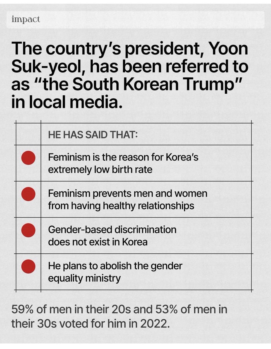대미친 impact에서 한국 4B 다룸. 내 미국친구들도 팔로우 엄청하는 뉴스레터같은 계정인데, 진짜 한국페미니즘 흐름 제대로 캡쳐하고, 윤석열 한국의 트럼프다라는 마무리로. 미쳤다.
